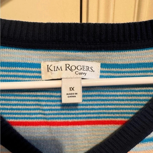 Kim Rogers Curvy Plus Size Colorful Striped V-Neck Sweater Sz 1X - Picture 2 of 8